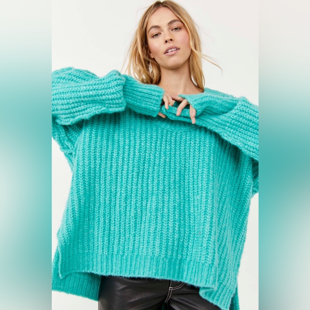Free People Blue Bell V-Neck Sweater // Electric Teal Size M - Picture 3 of 10